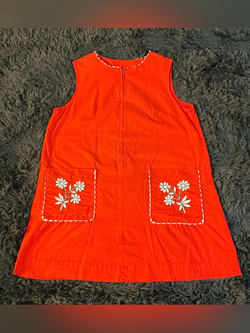 Genuine Vintage 1960’s Red Front Zip Cotton Jumper Dress, Large-XL, Mod Flowers